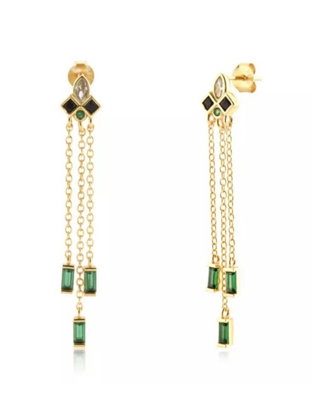 GOLD PLATED STERLING SILVER ART DECO MID CENTURY MODERN MCM EMERALD ONYX DANGLE